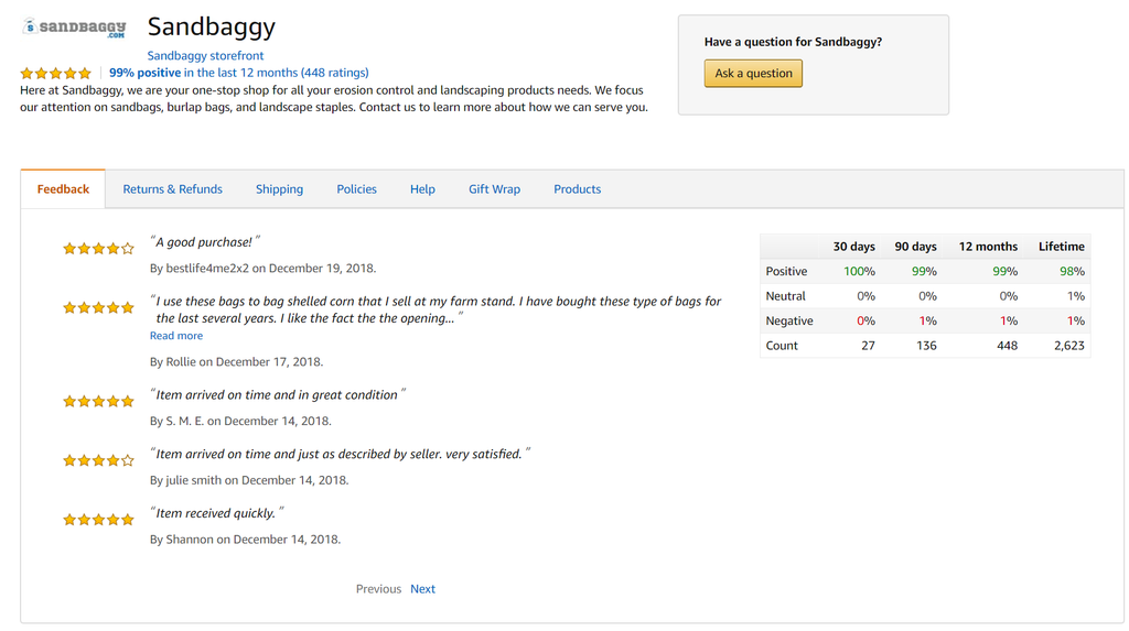 Sandbaggy: 99% positive feedback on Amazon