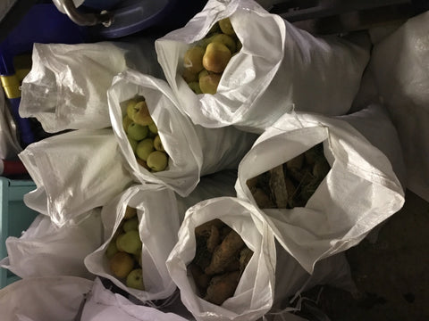 Apples and corn stored in 18x30 heavy duty sandbags