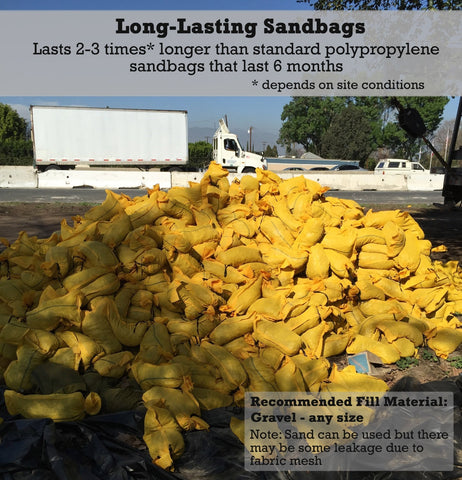 Long-lasting sandbags: lasts 2-3 times longer than standard polypropylene sandbags that last 6 months. Recommended fill material: gravel.