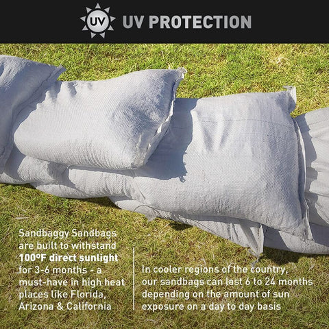 UV Protection: Built to withstand 100 degree F direct sunlight for 3-6 months - a must-have in high-heat places like Florida, Arizona and California. In cooler regions of the country, our sandbags can last 6 to 24 months, depending on the amount of sun exposure on a day-to-day basis.