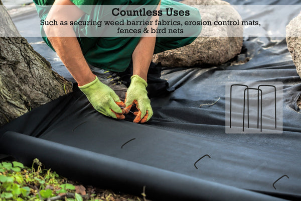 6" Long x 2" Wide Landscape Staples have countless uses, such as securing weed barrier fabrics, erosion control mats, fences and bird nets.
