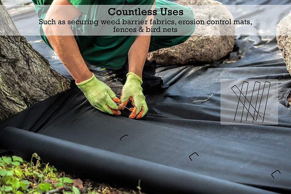 9 inch landscape staples have countless uses, such as securing weed barrier fabrics, erosion control mats, fences and bird nets.