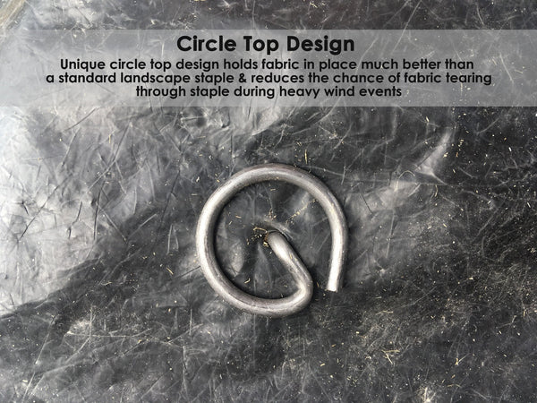 Circle top design: unique circle top design holds fabric in place much better than a standard landscape staples and reduces the chance of fabric tearing through staples during heavy wind events