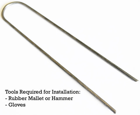 Tools required for round top landscape staples installation: rubber mallet or hammer, gloves