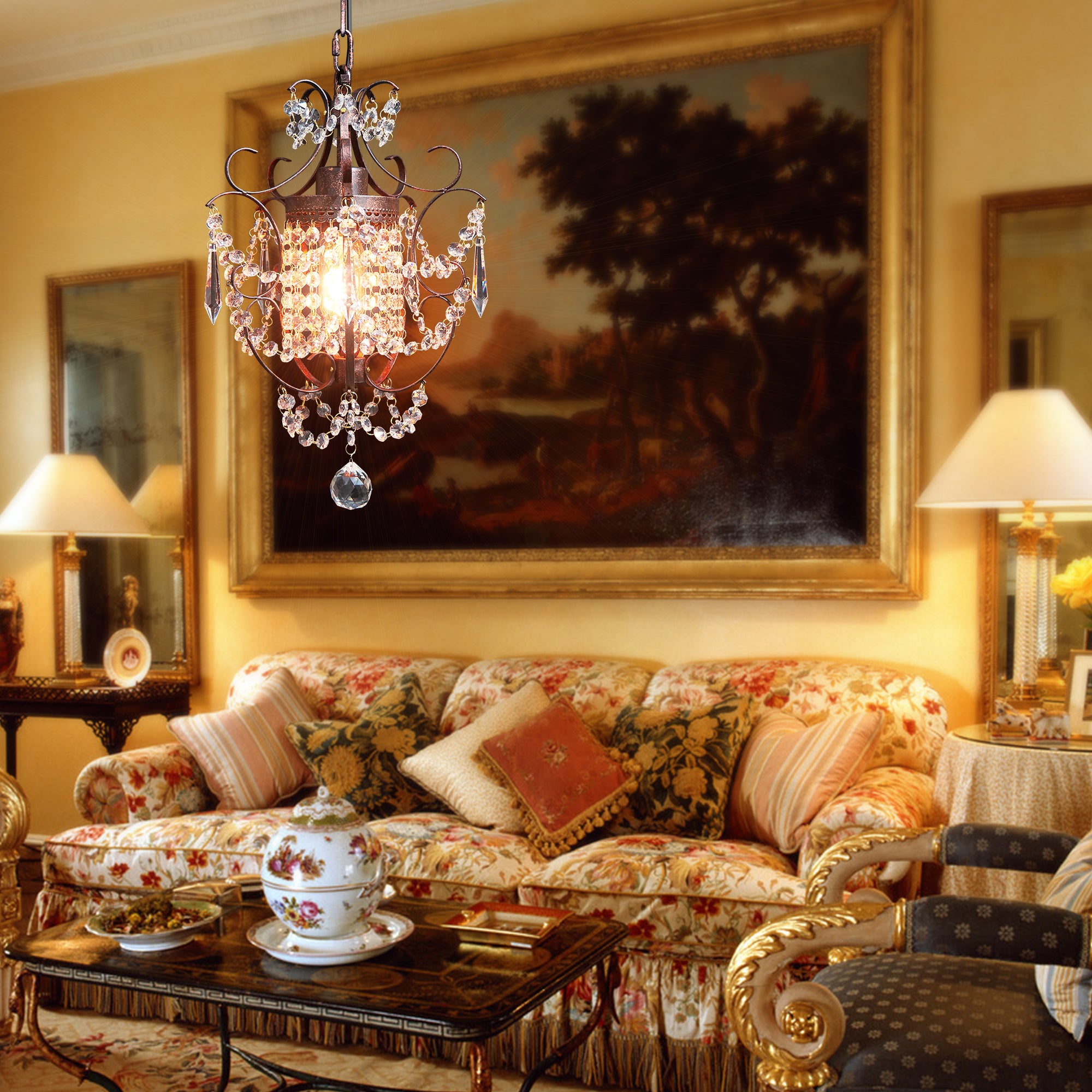 Starthi 1-Light Antique Mini Crystal Chandelier, Bronze Wrought Iron Ceiling Pendant Light