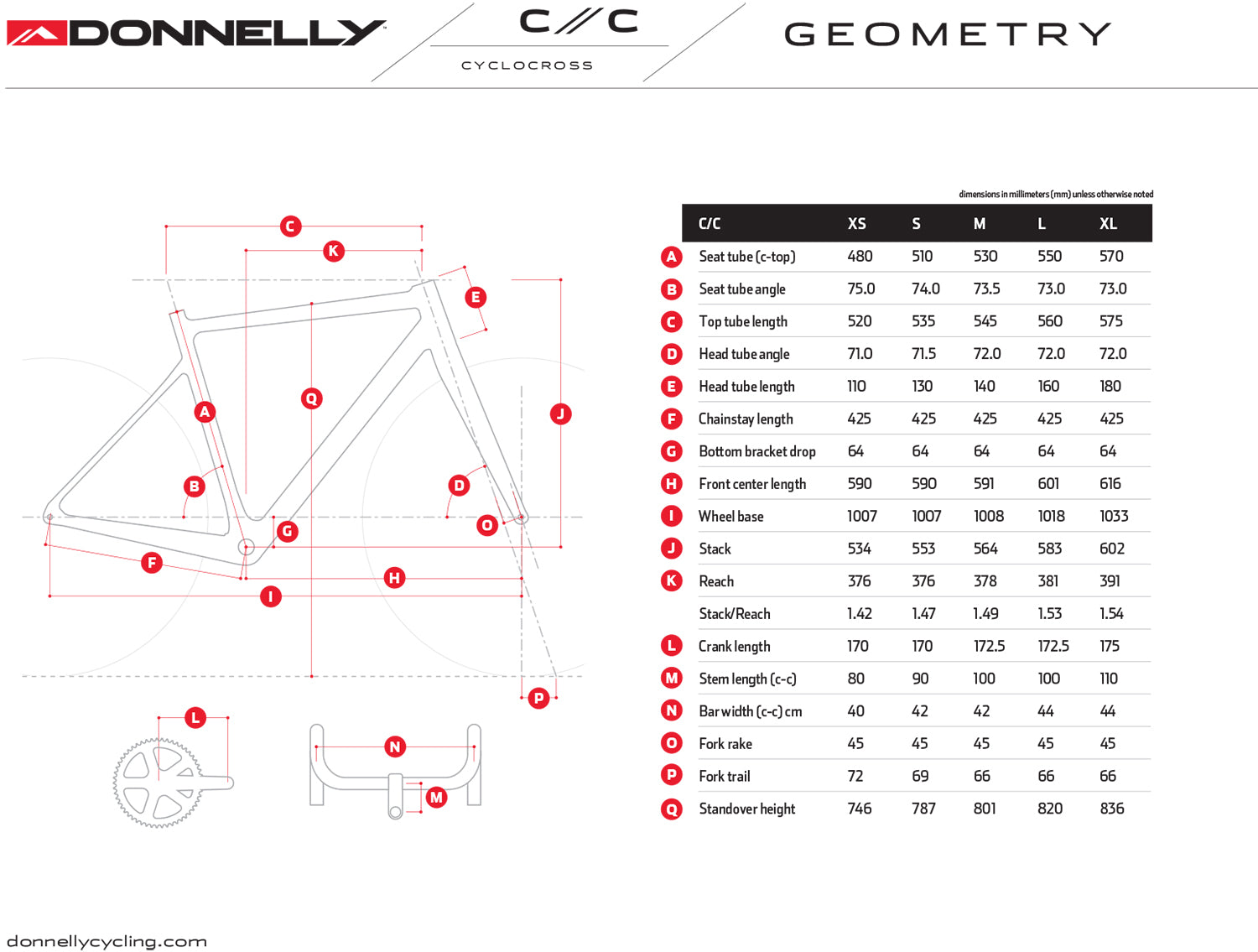 Donnelly CC Cyclocross Bike Frame Geometry Chart