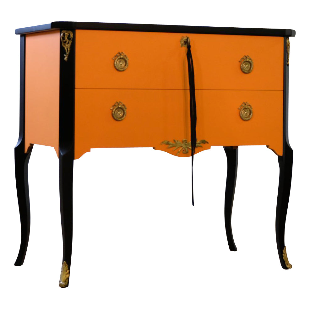 (744) Gustavian Style Commode in Orange & Black with Brass Details