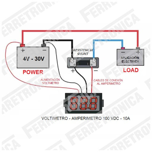 Diagrama de conexiones Voltimetro Amperimetro en DC (corriente continua) con capacidad 100 V - 10A con resistencia shunt, ferretrónica