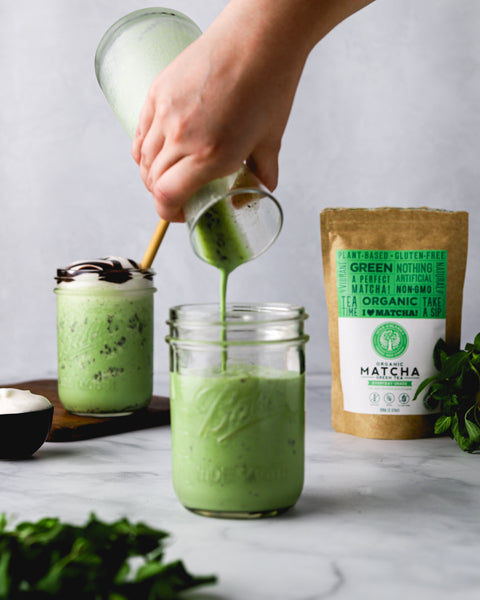 Matcha mint chip shake pour into cup