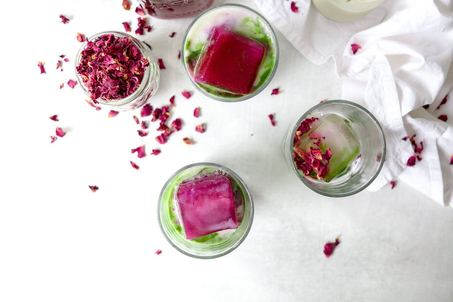 Delicious summer iced matcha lattes with rose ice cubes