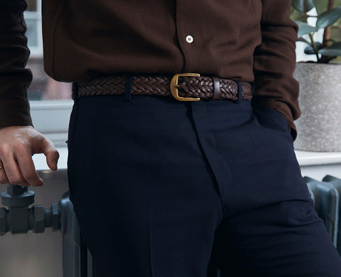 Close up of Lee wearing his Braided Walnut Brown Awling belt.