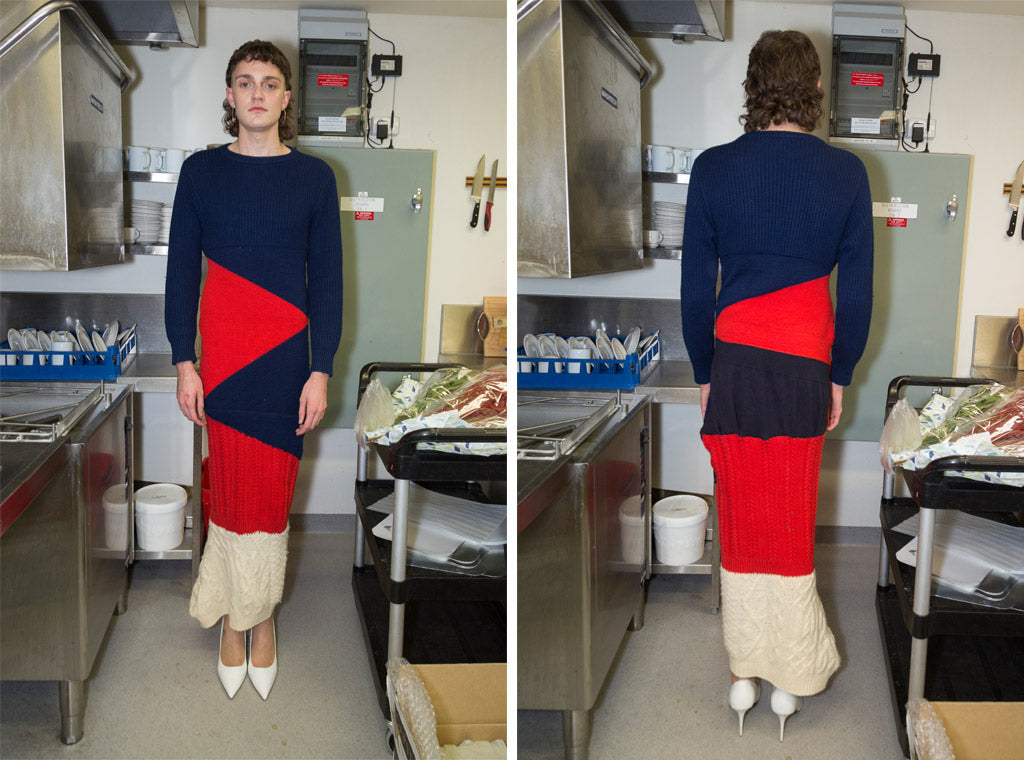 Long-sleeve wool maxi dress with navy, red and cream paneling