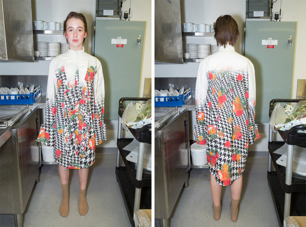 Long-sleeve t-shirt dress in cream, houndstooth and floral pattern 