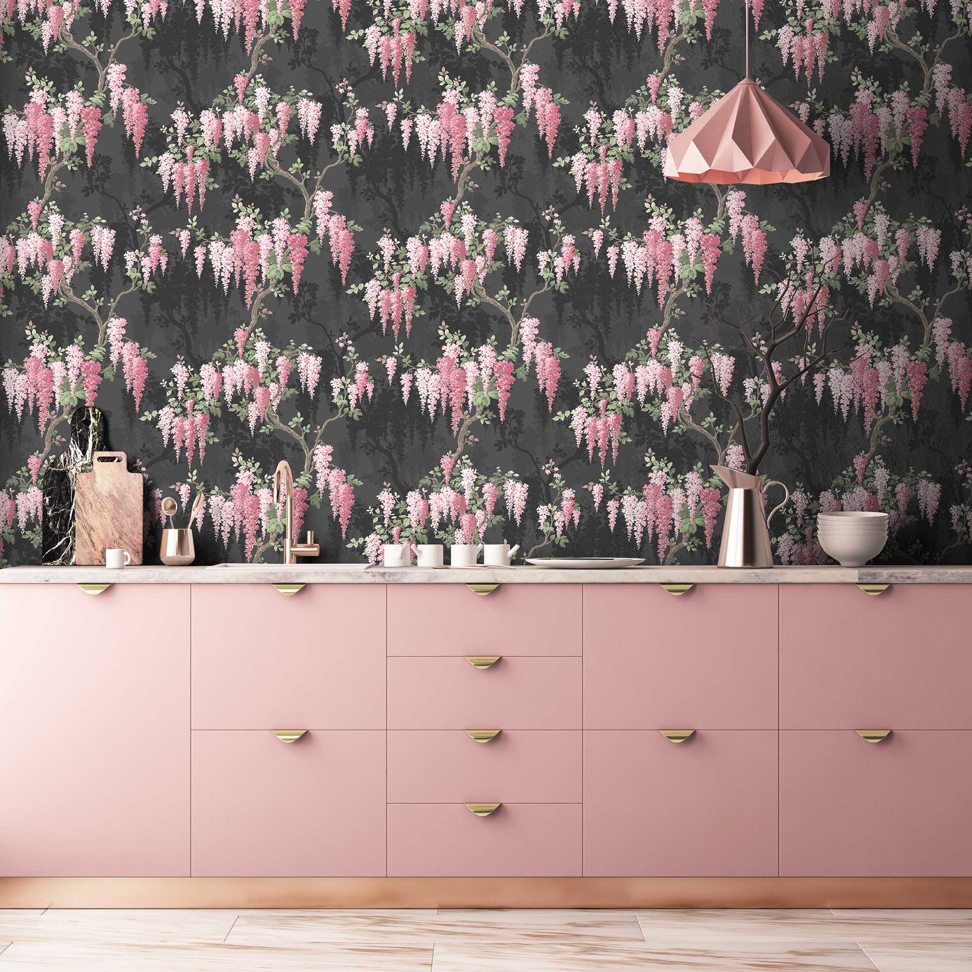 Wisteria Noir Black Wallpaper Pink & Brown Dark Floral & Botanical  Chinoiserie & Oriental Vintage Traditional Wallpaper by Woodchip & Magnolia