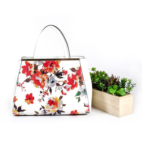 ALL BAGS - Trapezoid Handbag - White & Floral Print - AB-H-1040