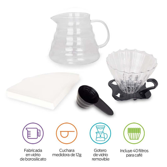 Cafetera de Goteo tipo Pour-Over de Vidrio 600 ml 40 Filtros y Cuchara - Redlemon