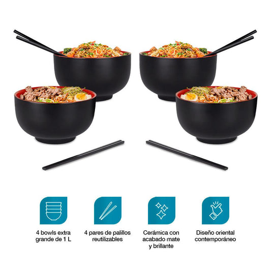 4 Platos Hondos de Cerámica para Ramen Extra Grandes con Palillos Casa Litus - Redlemon