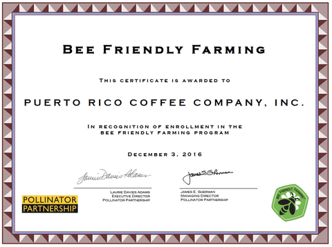 Puerto Rico Coffee Company Pollinator Partnership certificate of Bee Friendly Farming