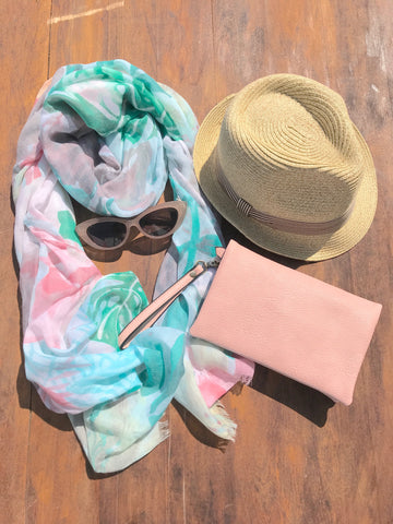 summer vacation packing essentials scarf cat eye sunglasses fedora hat cross body purse