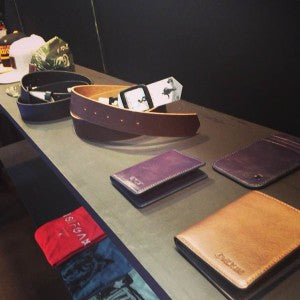 Wolfgang wallet and belt collection at trade show in Tokyo, Japan.