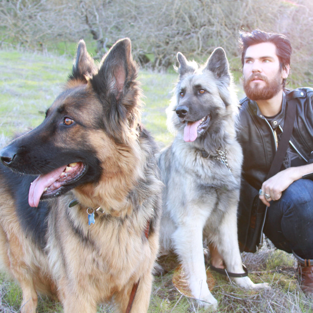 Corey Duffel and his dogs Wrecks & Crash (R.I.P.) sitting in a field.