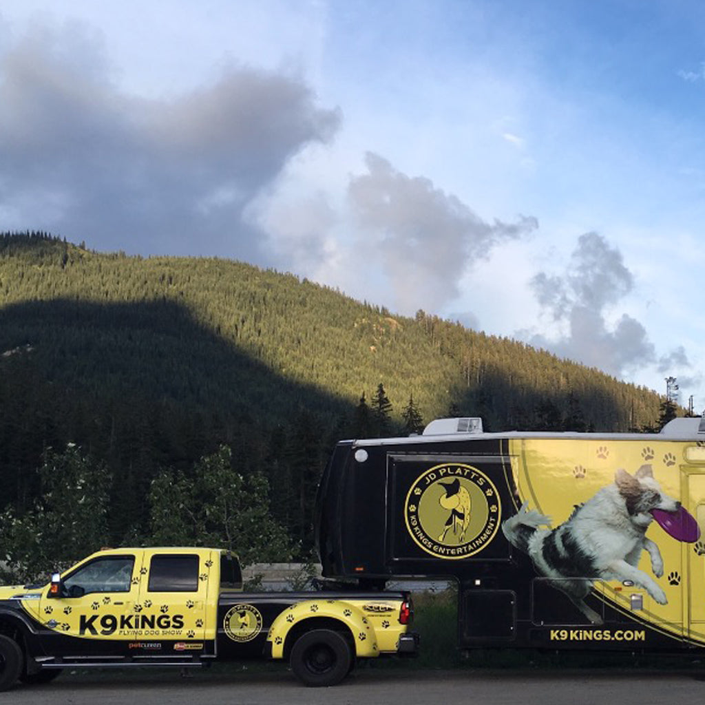 JD Platt's K9 Kings Show Dogs bright yellow and black travel rig.