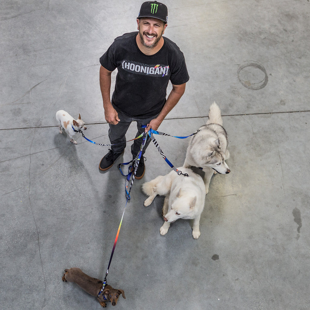 Ken Block with Yuki & Bentley with a couple friends in his shop.