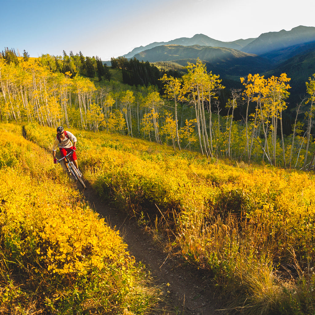 Eric Porter riding his mountain bike on a trail through fall colors in the mountains.