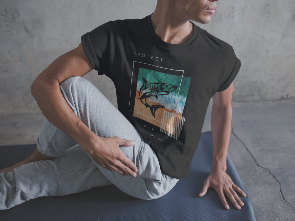 Man stretching in a black BJJ t-shirt