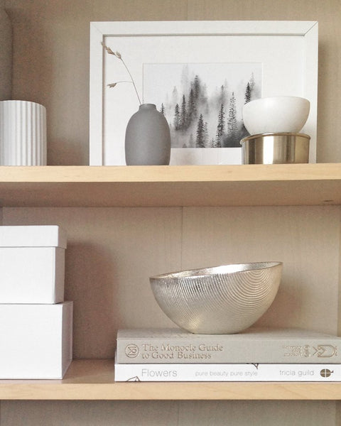 Cotton & Clay styled shelf with Melissa Selmin fine art print