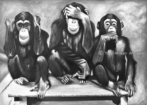 The Three Monkeys - Funny black and white painting by Francis Sampson