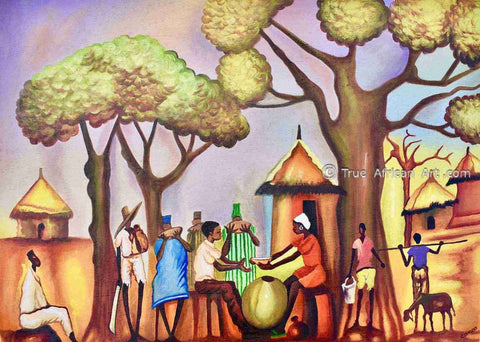 A daily scene in West Africa painted by Ghanaian Francis Sampson.
