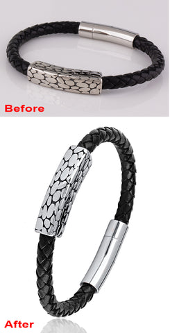 Stainless Steel Bangle Bracelet with Leather
