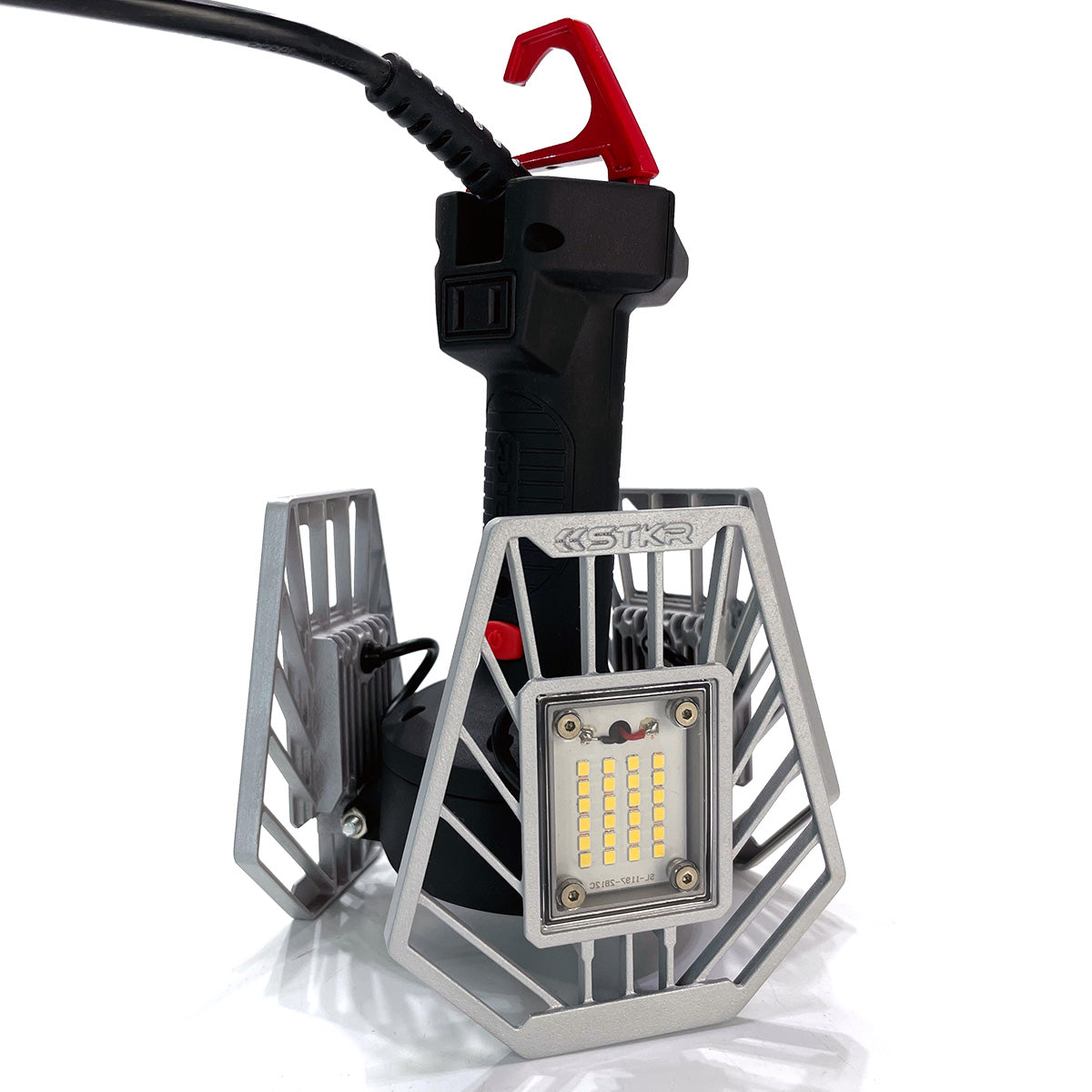 STKR Concepts TRiLIGHT ShopLight V2 in a hanging posture for drop light use in a white studio environment. Durable LED Aluminum Head Construction