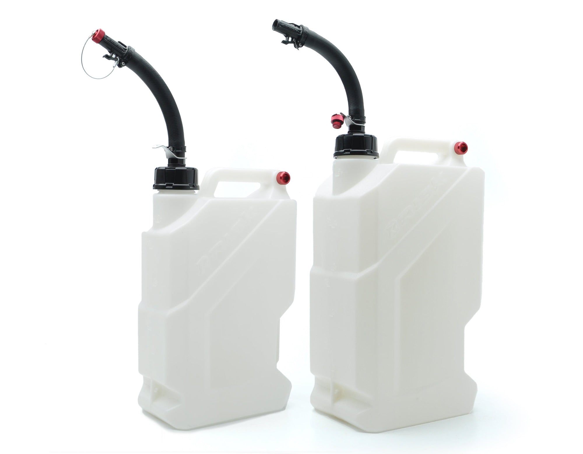 Risk Racing EZ3 3 Gallon and EZ5 5 Gallon Utility Jugs with hose benders both posing in three quarter view against a white studio background