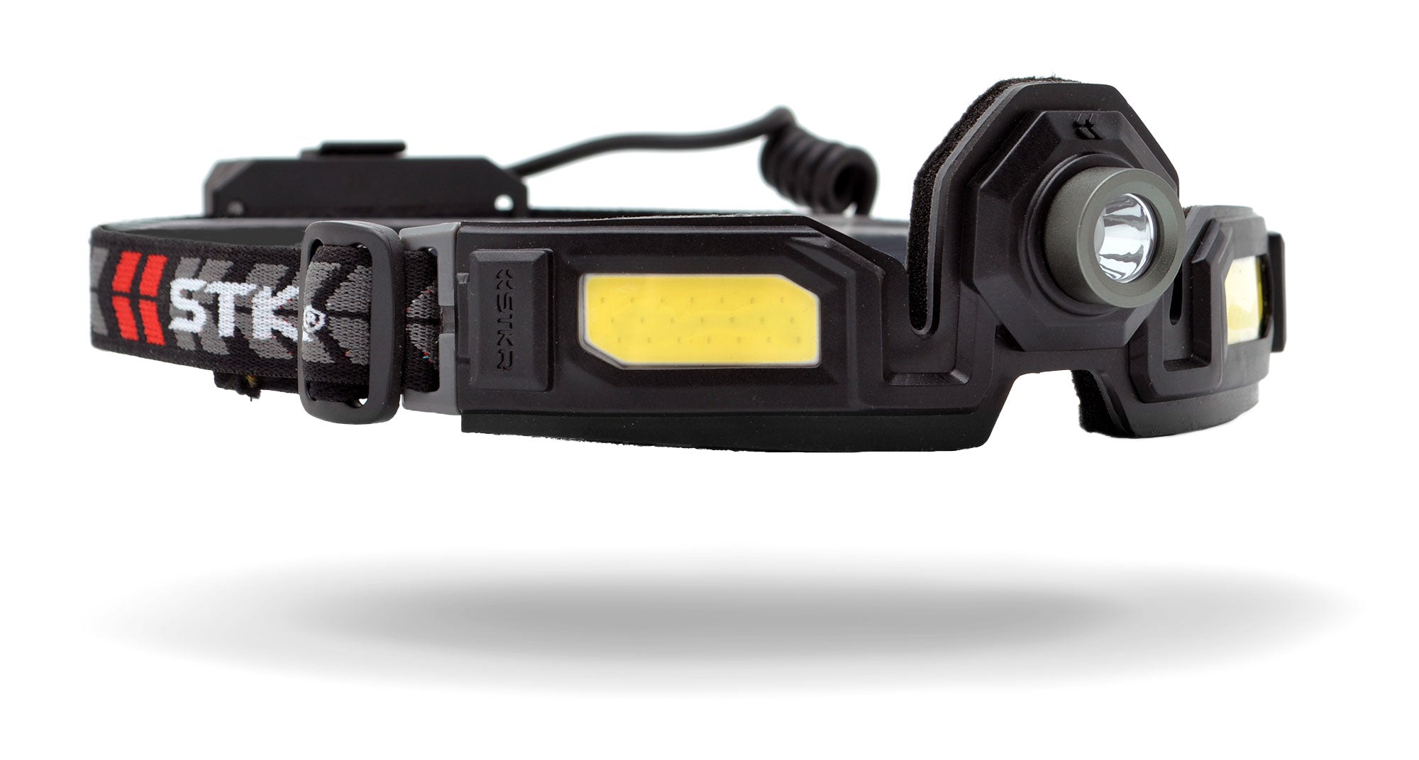 3qtr front shot of a FLEXIT Headlamp 3.0 floating just above its shadow in a white studio environment