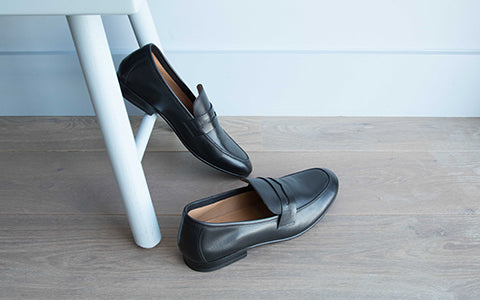 black leather slip on loafers