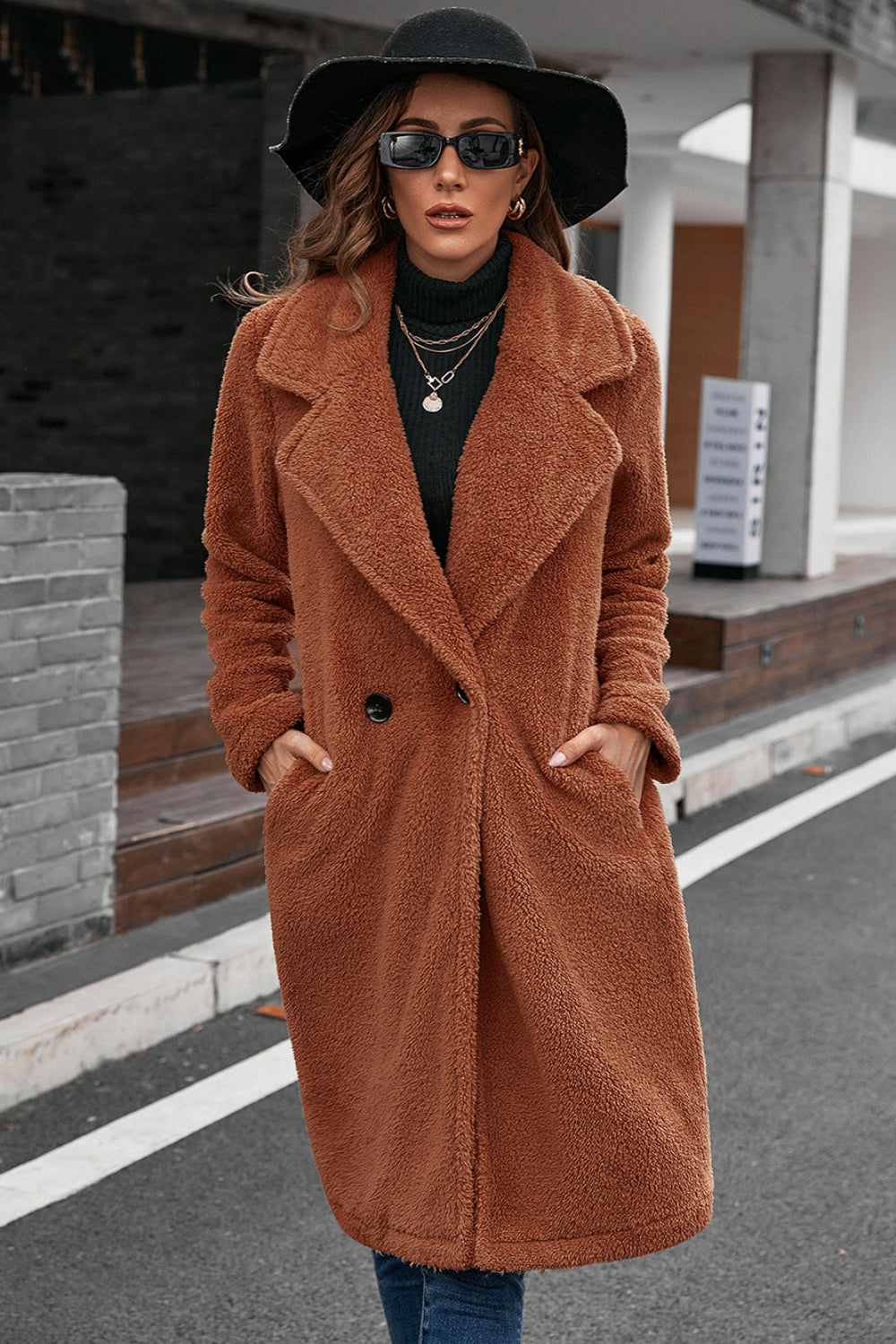 Lapel Collar Button Pocket Teddy Coat