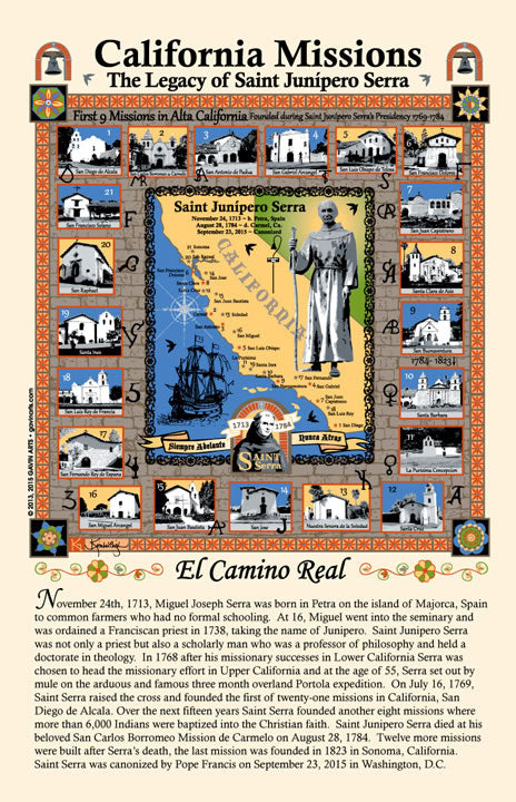 21 California Mission Saints & Father Junipero Serra 24" x 18" Poster M Buckley