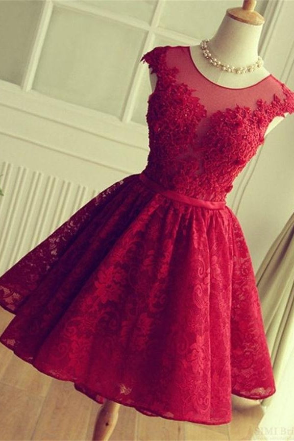 Red Lace Cap Sleeves Short A-line 