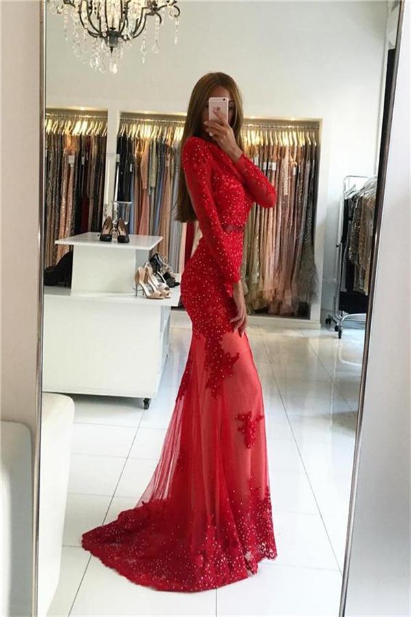 Browse Our Hot of Homecoming Dress, Shop Sparkly Sleeves Backless Beading Long Red Lace Dresses at bohogown.com – Bohogown
