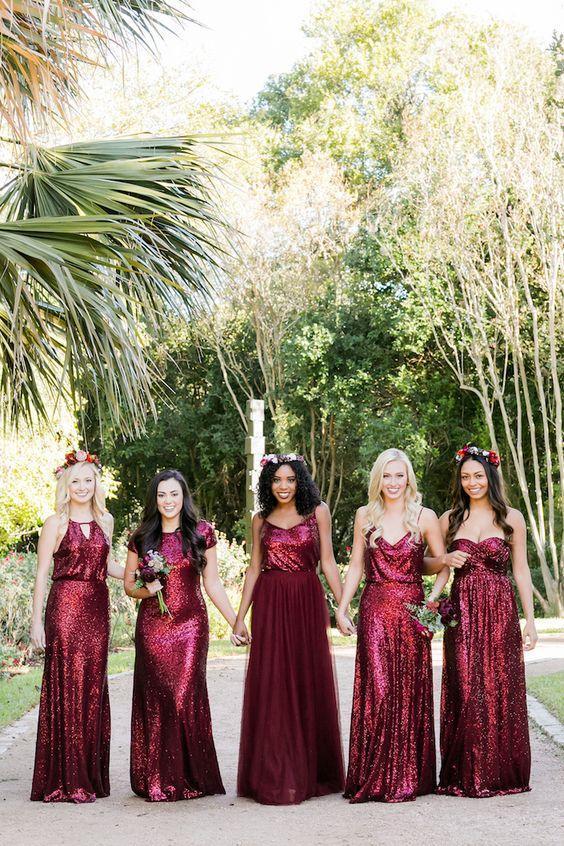 burgundy sparkly bridesmaid dress