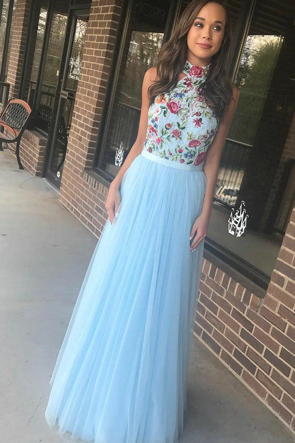 light blue flowy prom dress