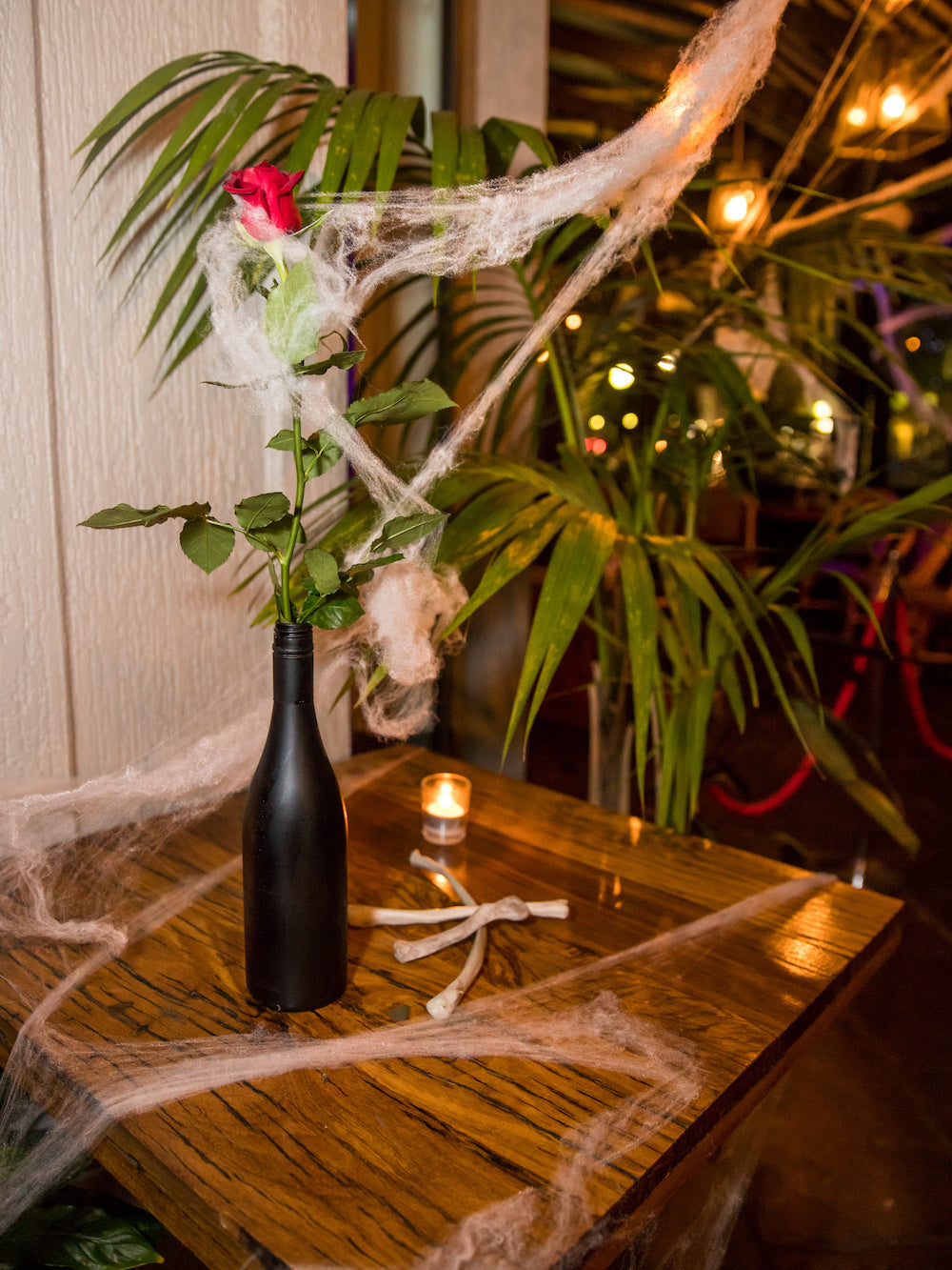 Halloween Decorations: spider web wrapped around rose in black vase