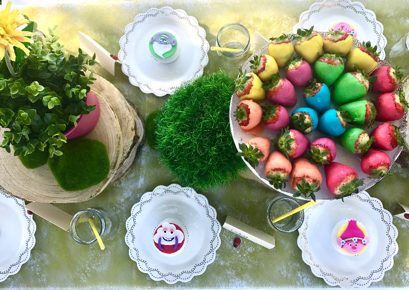 Trolls Movie character cupcakes and table setting
