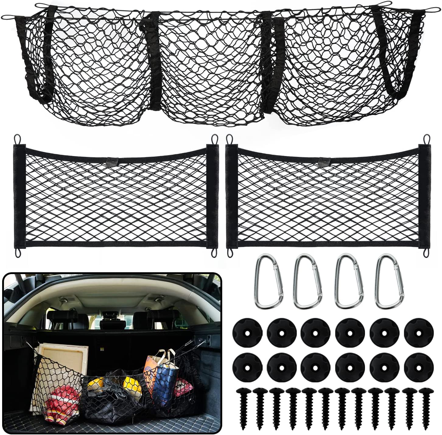 TallewCargo Net 3 Pocket Trunk Organizer Stretchable Trunk Mesh Cargo
