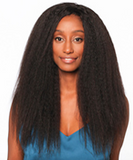 Woman with 18" afro blow-out Brazilian hair extensions