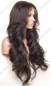 Beautiful long brunette full lace wig featuring long cascasing layers from right side view