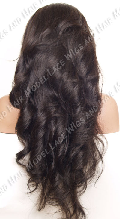 Beautiful long brunette full lace wig featuring long cascasing layers back view