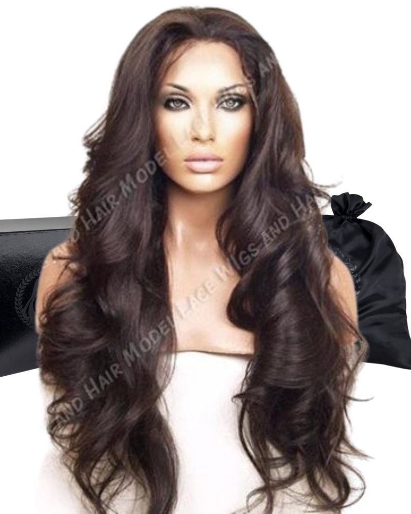 Beautiful long brunette full lace wig featuring long cascasing layers